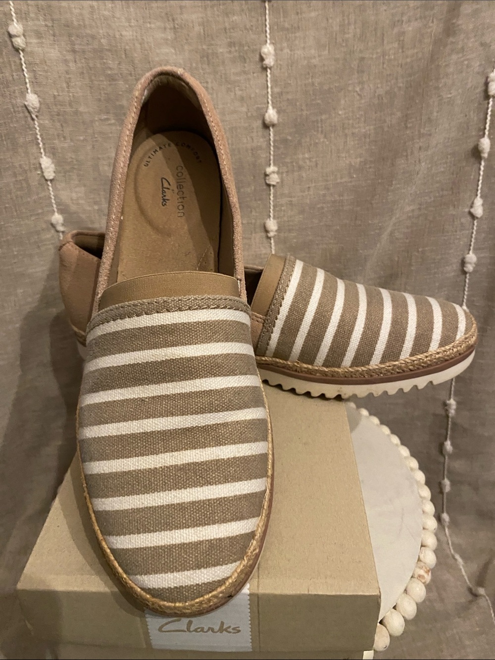 Clarks Serena Beige and White Striped Slip-On Loafer